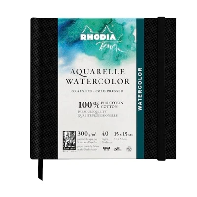Image de RHODIA TOUCH 116142C Carnet aquarelle 100 % coton grain fin 300 g/m² 15x15 cm 40 pages non microperforées Brochure rigide Watercolor Book
