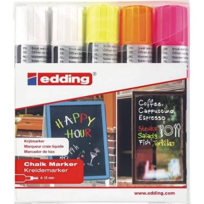 Image de edding 4090 Marqueur craie liquide blanc jaune orange rose (fluorescent) étui de 5 4 15mm feutre effacable pour écrire sur les vitres,le verre ardoise aux couleurs opaques