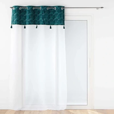 Image de douceur d&#039;intérieur, Voilage à Oeillets (140 x 280 Cm) Palmina Bleu, Voile Sablé Finition Top Velours Et Pompon