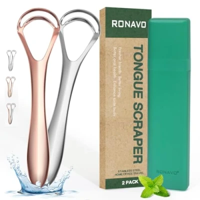 Image de RONAVO Gratte Langue pour adultes, 2023 Tongue Scraper Aacier Inoxydable guérit la mauvaise haleine, une haleine fraîche en quelques secondes (2 Color, inclus Étui pratique)