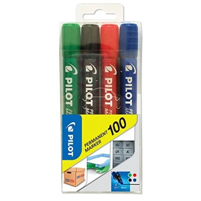 Image de Pilot Permanent Marker 100 Marqueur Set de 4 Noir, Bleu, Rouge, Vert Pointe conique fine