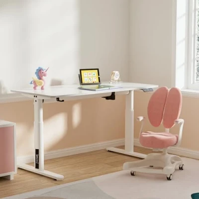 Image de pro.tec] Bureau Électrique à Hauteur Réglable pour Enfants Assis Debout Rectangulaire Table d&#039;Étude avec Crochet Panneau de Particules Acier 120 x 60 cm Blanc