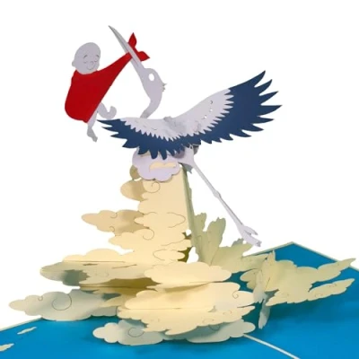 Image de LINPOPUP N131 carte pop up pour naissance de bébé garçon 3D ou cadeau d&#039;argent, félicitations naissance, faite à la main avec cigogne