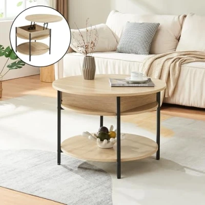 Image de [en.casa] Table Basse Ronde Transformable avec Plateau Relevable et Compartiment de Rangement Intérieur d&#039;Appoint Moderne Stable Salon Panneau Particules Acier 70 x 49 cm Effet Chêne