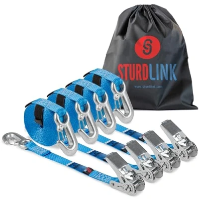 Image de Sangles a Cliquet 5m 25mm avec Crochets à Linguet 800daN en U Jeu de 4 + Sac Idéales sur Anneau Fixation: Remorque, Utilitaire, Coffre Auto, Camion, Transport Motocross, Quad, Trial Sturdlink®