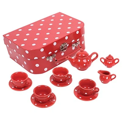 Image de Bigjigs Toys Service à Thé Pois Rouge en Porcelaine Jouet pour Enfant Cadeau Joeut Traditionnel Apprendre Jouant