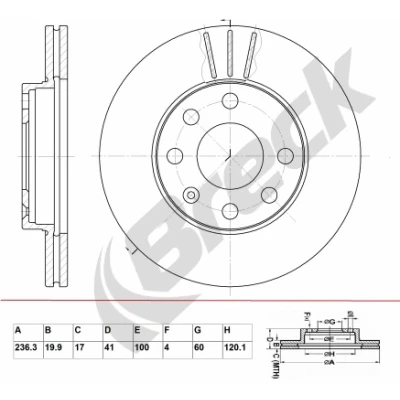 Image de BRECK BR 306 VA100 Disque de frein 236,3 19,9 6 ventilé revêtu sans palier OPEL: Corsa B 3/5 portes, Astra F CC, Combo Van, VAUXHALL: Mk1