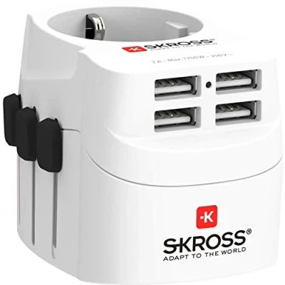 Image de SKROSS 1.302461 Pro Light USB (4xA), Adaptateur de Voyage Universel 2 et 3 pôles avec 4 Ports 4,8 A. Tension Puissance : 100V 700W/250V 1750W. Convient pour PC sèche Cheveux