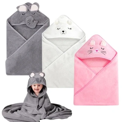 Image de BORDEAG 3 Pièces Serviette de Bain Bébé Capuche, Cape Capuche 80 x cm, avec Peluche Corail, Super Absorbantes Sortie Bebe pour Enfants, Cadeaux Naissance