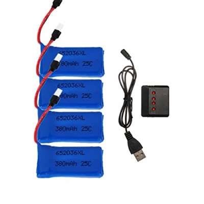 Image de YUNIQUE GREEN CLEAN POWER Kit de 4 Batteries Lipo 25C 3.7V 380mAh pour Drones Chargeur Inclus Compatible avec HUBSAN X4, H107, V252, 38x20x8 mm 12 GR, Bleu
