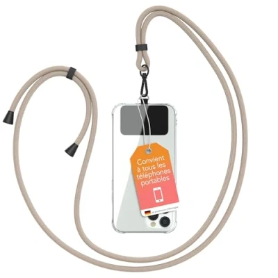 Image de EAZY CASE Chaîne Universelle pour téléphone Portable adaptée à Tous Les Smartphones Tour de Cou Housse avec Cordon Sangle cellulaire adapté Toutes Pochettes Taupe Clips Noirs