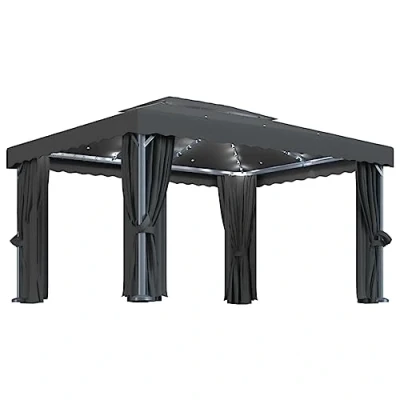 Image de vidaXL Tonnelle avec Rideau et Guirlande Lumineuse à LED Belvédère de Jardin Pavillon d&#039;Extérieur Tente Réception Chapiteau Barbecue 4x3 m Anthracite