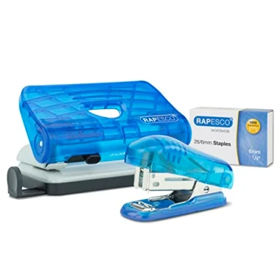 Image de Rapesco 1719 Set Bug Agrafeuse et 810 P Perforatrice 2 Trous avec 1000 Agrafes 26/6 mm, Bleu Transparent