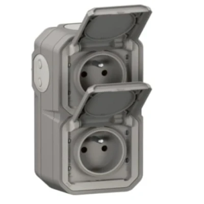 Image de LEGRAND Prise Etanche Double IP55 avec Terre Plexo 2P+T 16A Complète Volet Pour Pose En Apparent Montage Vertical Fabriqué France Gris