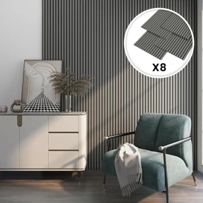Image de NEU.HOLZ Set de 8 Panneaux Acoustiques Muraux Isolation Sonore Lattes Décoratives Style Scandinave Installation Facile au Mur ou Plafond NRC 0,8 MDF 120 x 60 cm Effet Chêne Gris Clair