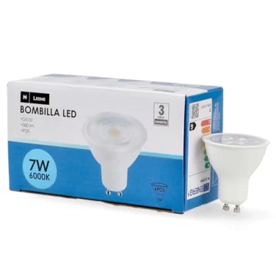 Image de M Ledme Pack de 6, Ampoule Led 7W Gu10 Smd Plus, Lumière froide (6000k), Culot Gu10, 580 Lumen, IP20, Ouverture du faisceau lumineux 60, Efficacité énergétique et Faible consommation. LM7613
