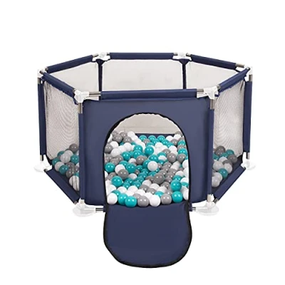 Image de Selonis Parc Bébé Hexagonal Pliable Avec 200 Balles Plastiques, Bleu:Girs/Blanc/Turquoise