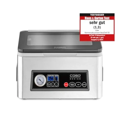 Image de CASO VacuChef 50 1416 Machine à emballer sous vide en acier inoxydable, 70 l/min, 4 volumes de chambre, double soudure (2 mm chacune), fonction marinade, avec 30 sacs bord scellé, joint rechange