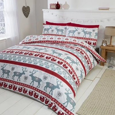 Image de Scandi Parure de lit en Flanelle 100% Coton brossé avec Housse Couette et 2 taies d&#039;oreiller, Coton, Red, Double