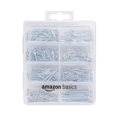 Image de Amazon Basics Assortiment de clous Avec finition, pointes, ordinaires, pointes Brad et d’accrochage, 550 pièces