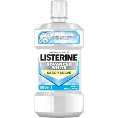 Image de Listerine Advanced White Saveur douce (1 x 1 L), rince bouche blanchissant format économique, collutoire buccal sans alcool, élixir pour un nettoyage optimal, goût menthe