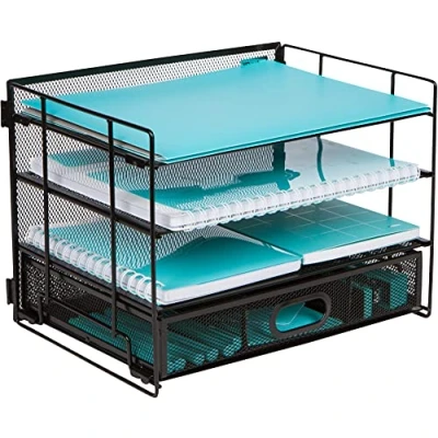 Image de Organisateur de bureau en Maille Trieur à 4 niveaux et tiroir coulissant pour ranger les fournitures bureau, dossiers, stylos, factures la maison au (3 corbeilles 1 tiroir)