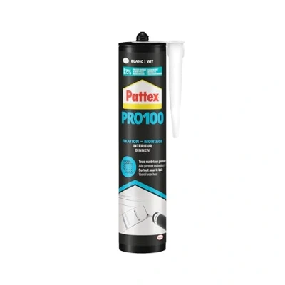 Image de Pattex PRO100 Colle Acrylique, de fixation pour intérieur, résistante multi matériaux, extra forte lavable à l&#039;eau, 1 cartouche 380 g