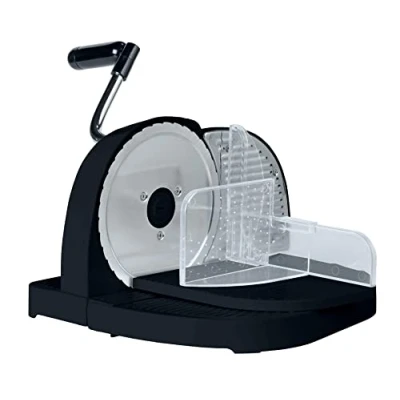 Image de Allstar trancheuse à pain noire, en plastique avec lame inox, chariot de guidage support pour les restes et protection des doigts, stable grâce une ventouse, 31 x 20 29 cm