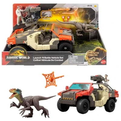 Image de Mattel Jurassic World : Renaissance Coffret Véhicule Combat avec 1 figurine Martin Krebs et de raptor, tourelle 2 projectiles, JGB59