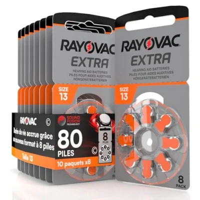 Image de 80 Piles pour appareils auditifs Rayovac Extra 13. 10 Ampoules de 8