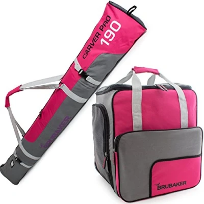 Image de BRUBAKER Série limitée Sac à Chaussures de Ski &#039;Super Function 2.0&#039; et Housse Skis &#039;Carver Pro pour 1 Paire + Bâtons Casque 190 cm Fuchsia/Gris