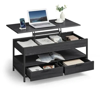 Image de VASAGLE Table Basse, de Salon avec Plateau Relevable, Tiroirs Rangement, Rangement Ouvert et Compartiment Caché, Gris Anthracite Noir d’Encre LCT209B22