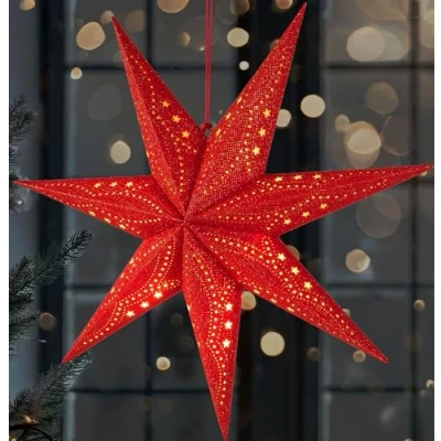 Image de BRUBAKER Étoile de Noël 3D à Suspendre Papier LED avec Minuteur 60 cm l&#039;Avent Motif Moderne Alimentée par Piles et Illuminée Décoration Lumineuse Rouge