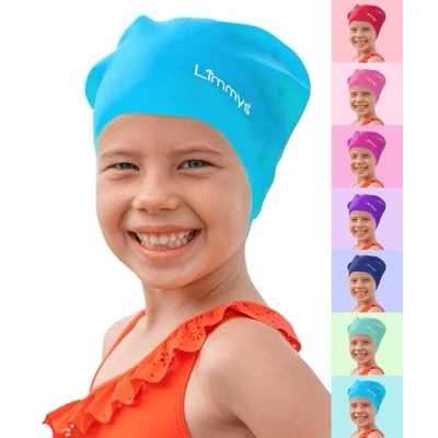 Image de Limmys Bonnet de Bain Enfants Cheveux Long 100% Silicone Qualité Supérieure, Extensible Confortable Piscine Disponible en Plusieurs Couleurs