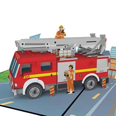 Image de MOKIO® Carte Pop Up Camion de Pompiers cadeau 3D pour un anniversaire, comme bon ou d&#039;argent, vœux pompier avec enveloppe