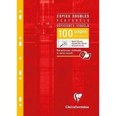 Image de Clairefontaine 4729C Un Étui de Copies Doubles Perforées Déficients Visuels A4 21x29,7 cm 96 Pages Grands Carreaux Noirs 2,5 mm Agrandi 10/10 Papier Blanc 90 g Réutilisable
