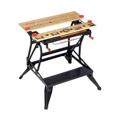 Image de BLACK+DECKER WM825 XJ Etabli étau pliable grand format Serrage une main Plan de travail, Charges maximales : 250 kg Structure en acier et mâchoires bambou, Noir, Marron, 740 x 562 mm