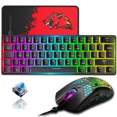 Image de ZIYOU LANG T60 Souris Clavier De Jeu Mécanique À 60% [disposition Britannique] Mini Ergonomique Lumineux RVB Type C, 12 000 DPI, USB en Nid d&#039;abeille Noir + Interrupteur Bleu