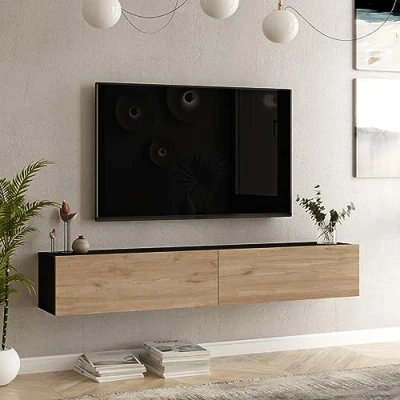 Image de [en.casa] Meuble TV à 2 Portes de Rangement Design pour Salon Panneau Particules Mélaminé 30 x 180 32 cm Noir Effet Chêne