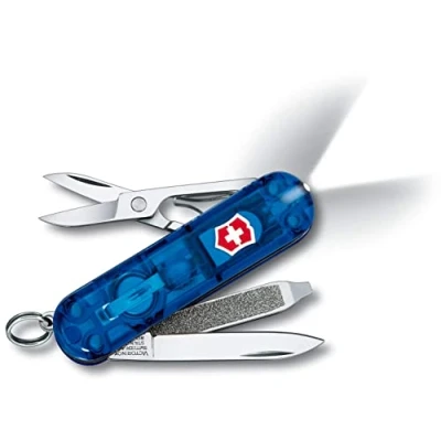 Image de Victorinox Signature Lite Petit Couteau de Poche Suisse, Léger, Multitool, 7 Fonctions, Led, Stylo, Bleu Transparent
