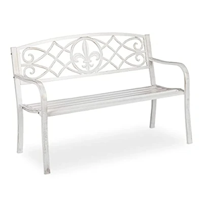 Image de Relaxdays Banc de Jardin, Solide, en métal, siège avec Dossier Fonte pour l’extérieur, 86 x 127 57cm, Blanc/Bronze, 1 élément