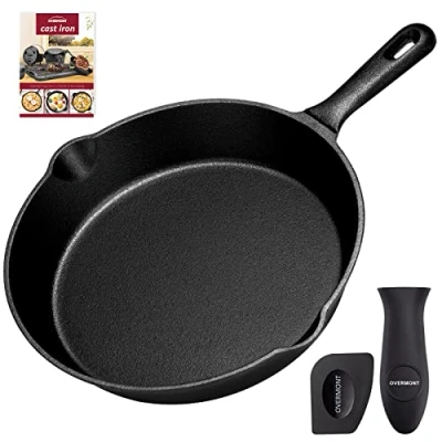Image de OVERMONT Poêle à frire en fonte pré enduite 24,5 cm Passe au four Pour cuisinière, barbecue, feu de camp Taille L Noir