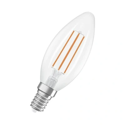 Image de OSRAM de classe énergétique en forme mini bougie classique, 3,8 W / 806 lm, EEK A, lumière blanc froid (4000 K), CRI 80, verre transparent sans plomb, culot E14, IP20, diamètre 35 mm.