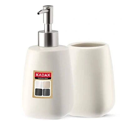 Image de KADAX Lot de 2 accessoires salle bain en céramique, bain, distributeur savon, gobelet porte savon et brosse WC (gobelet distributeur, blanc)