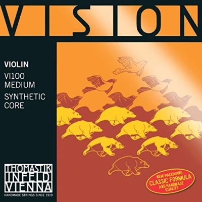 Image de Cordes Thomastik Violon Vision Noyau synthétique Possibilité de retirer la boule;Ré Argent filé. 4/4; Moyen