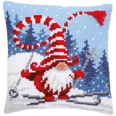 Image de Vervaco Point DE Croix Coussin Complet Set GNOME NOËL en Ski Decoration Manuelle Broderie Kit Adulte Art Creatif Cadeau DIY Cross Stitch Embroidery ca. 40 x cm, Coton, Multicolore