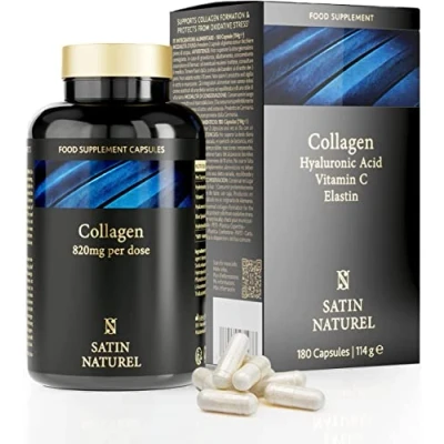 Image de Collagene et Acide Hyaluronique Pur 180 Capsules Complement Alimentaire pour une Peau Hydratée les Os Articulations avec Vitamine C + Blue Spiruline Expertise Allemande Satin Naturel