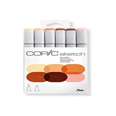 Image de COPIC Sketch Set de 6 marqueurs à encre alcool permanente double pointe, pointe pinceau ultra souple et large biseautée, rechargeable Couleurs Teintes Chaires