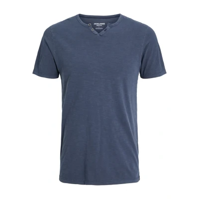 Image de T Shirt JACK &amp; JONES Bleu Marine Manches Courtes Col Tunisien 100% Coton