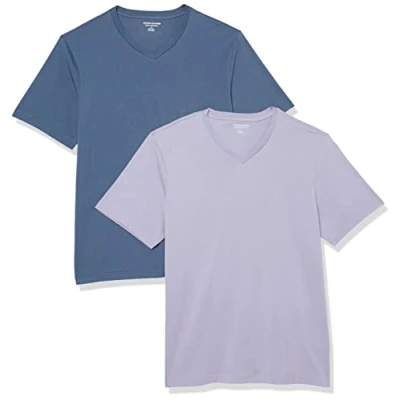 Image de Amazon Essentials T shirt à manches courtes et col en V, coupe classique (grandes tailles disponibles) Homme, Lot de 2, Bleu Délavé/Lavande, L
